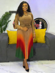 Lapel Lantern Sleeves Belt Waist Slimming Gradient Pleated A-line Skirt Elegant Women's Clothing 9R66