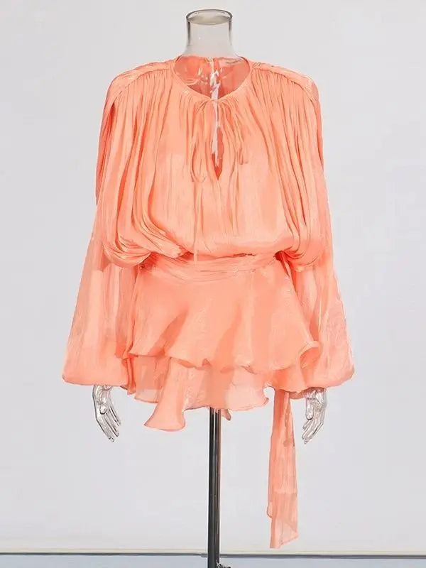 Solid Blouse Mini Dresses For Women V Neck Long Sleeve Spliced Lace Up Sweet Style Dress Female Clothing Fashion