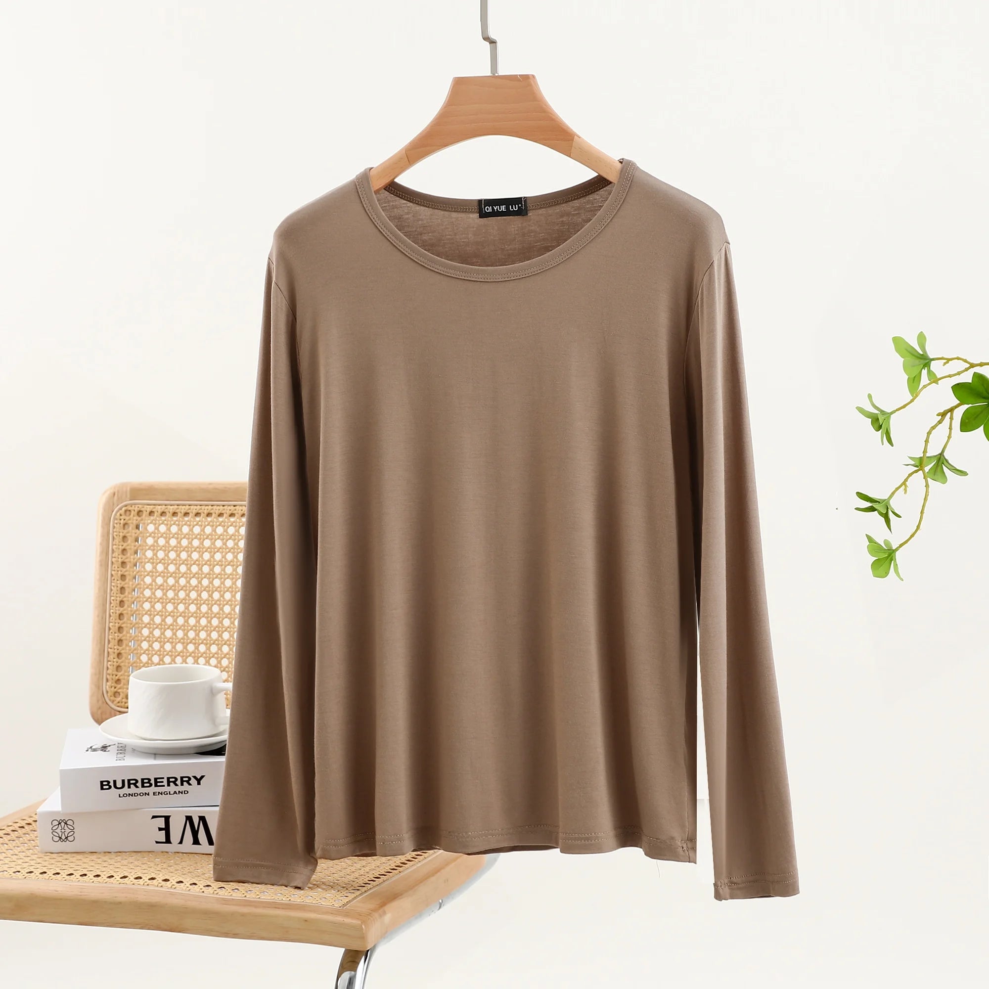 Casual Modal Long Sleeve T-Shirt Women's Spring Thin Round Neck Base Shirt Loose Fit Plus Size Slim Pure Color Top