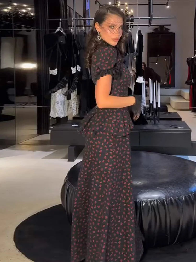 Floral Print Women's Long Dresses Square Neck Short Puff Sleeve Ruffle Mermaid Dress 2026 Spring Trendy Female Fashion Robes