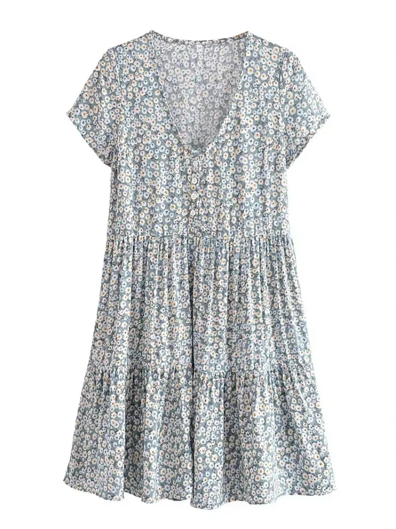 Vintage Chic Women Short Sleeve Floral Print Fashion Beach Bohemian Mini Dress Ladies V-neck Summer Rayon Cotton Boho Dresses