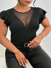 Women Plus Size V-Neck High-Stretch Solid Color Patchwork Ruffle Sleeve  T-shirt