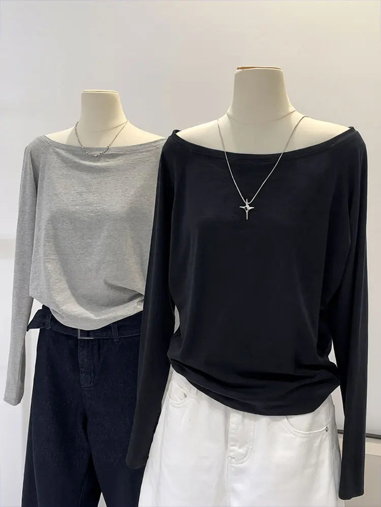 Oversize Off shoulder Long sleeve T shirt Women Solid color Casual Tops Lady Spring Autumn Basic Tees Korean style Youth Blouses