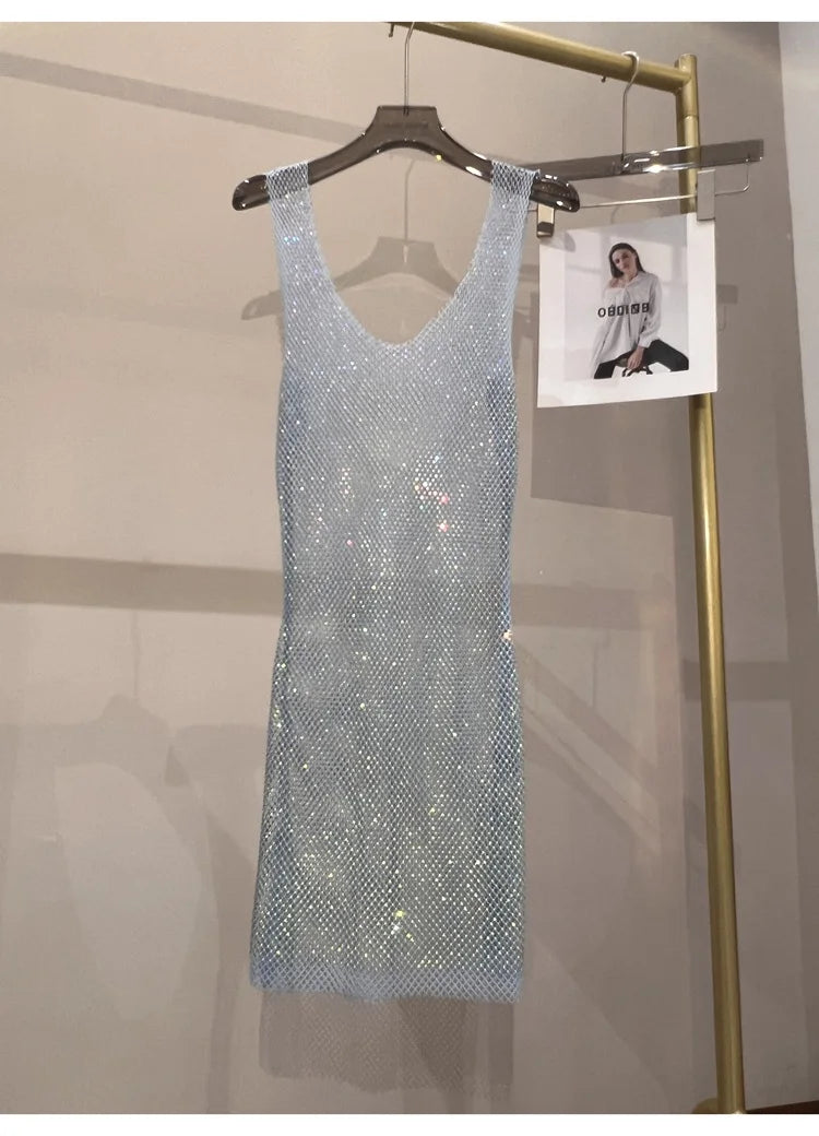 Sexy Sleeveless Skeleton Glitter Rhinestone Dress Fishing Net Mesh See Through Round Neck Midi Dress Party