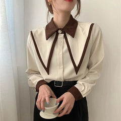 MEXZT Vintage Chiffon Shirts Women Elegant Patchwork Long Sleeve Blouses Office Lady Korean Black Turn Down Collar Casual Tops