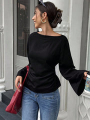 Women's Casual Solid Color Boat Neck Flare Sleeve T-Shirt Elegant Back Tie Slim Fit Long Sleeve Tops Spring/Fall