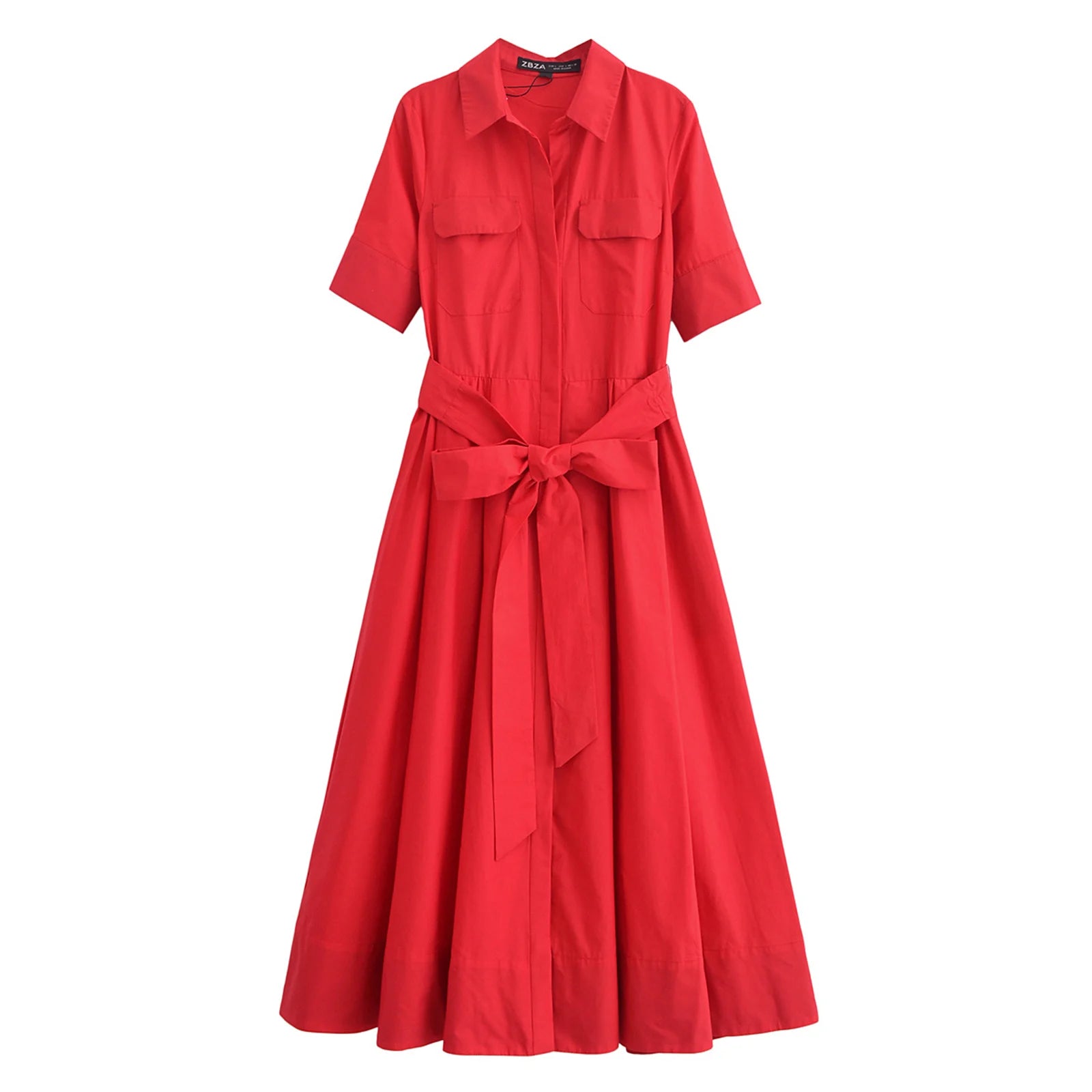Women Summer Lapel Short Sleeve Pocket Single-Breasted Belt Decorate Midi Dress Female Fashion Shirt Style Pleated Dress