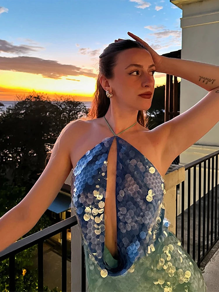 Sexy Sequin Shiny Mini Dress Women Luxury Blue Green Patchwork Halter Short Dresses Evening Party Bright Dresses