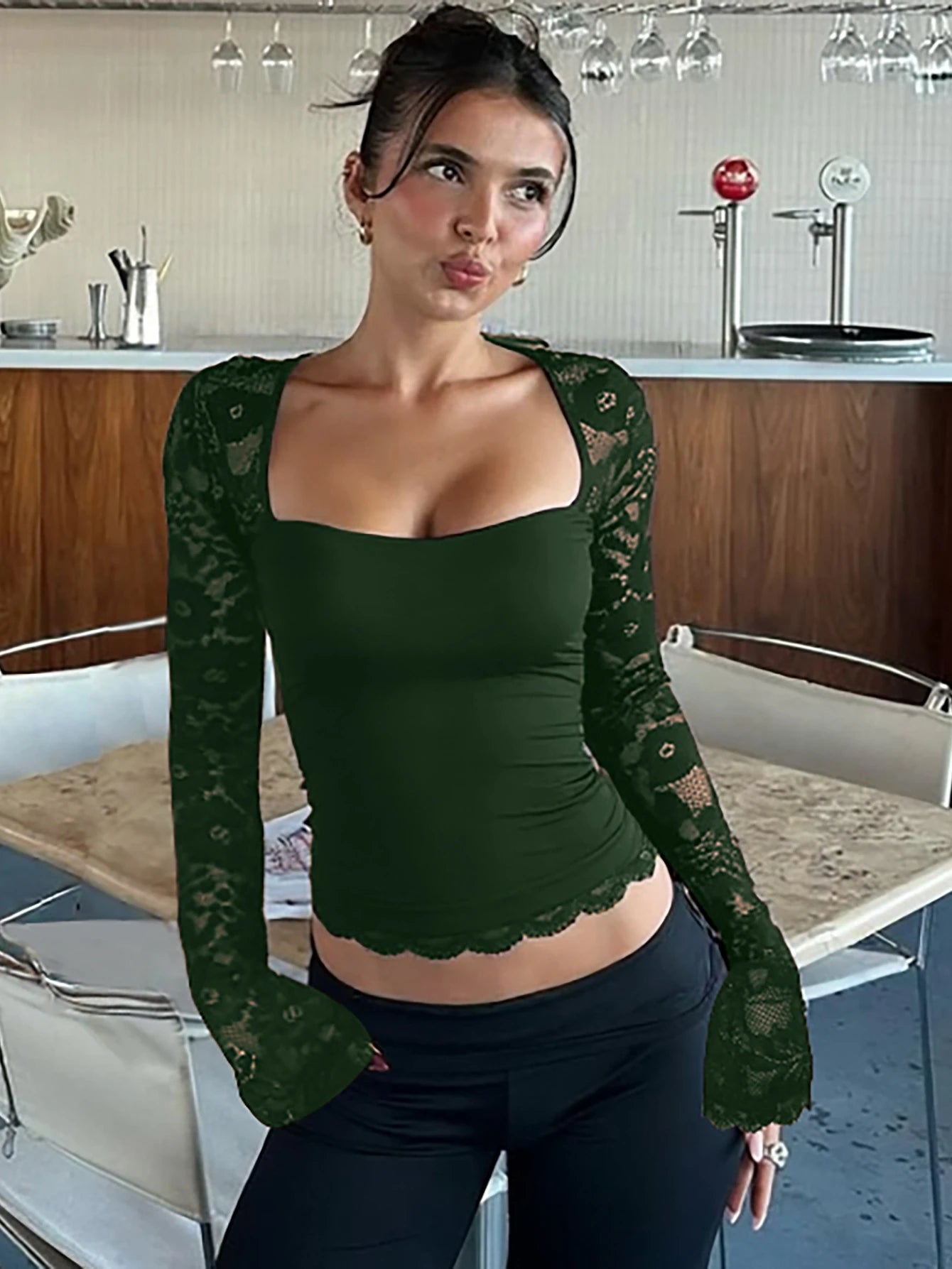 Hugcitar Women Fashion Square Collar Patchwork Lace Floral Print Long Sleeve Sexy Crop T-Shirt Sheer Summer Clothes Party Club