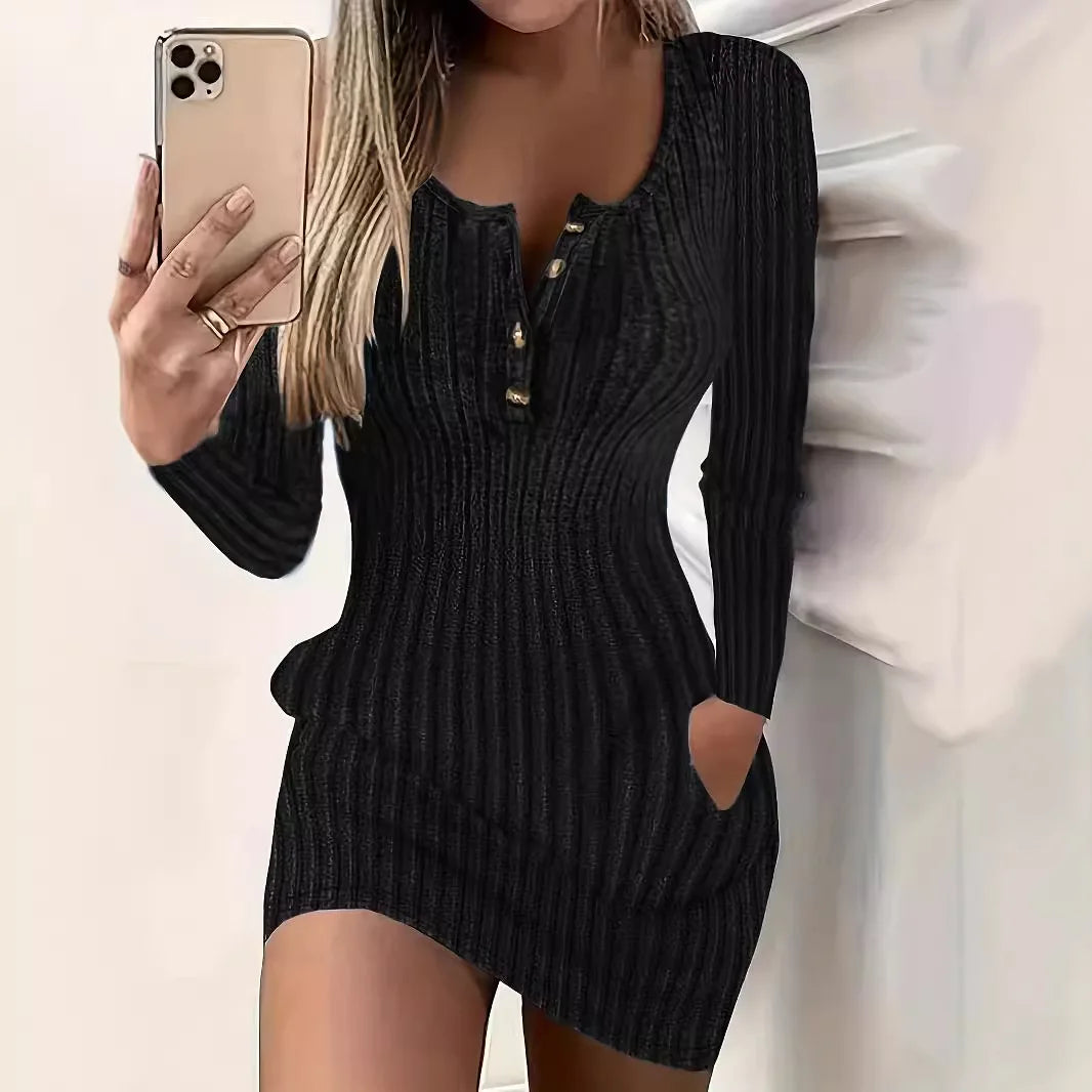 Fashion Long Sleeve Buttons Bodycon Dress Women Autumn Winter Knitted Ribbed Slim Sweater Sexy Mini Dresses For Women Robe Femme