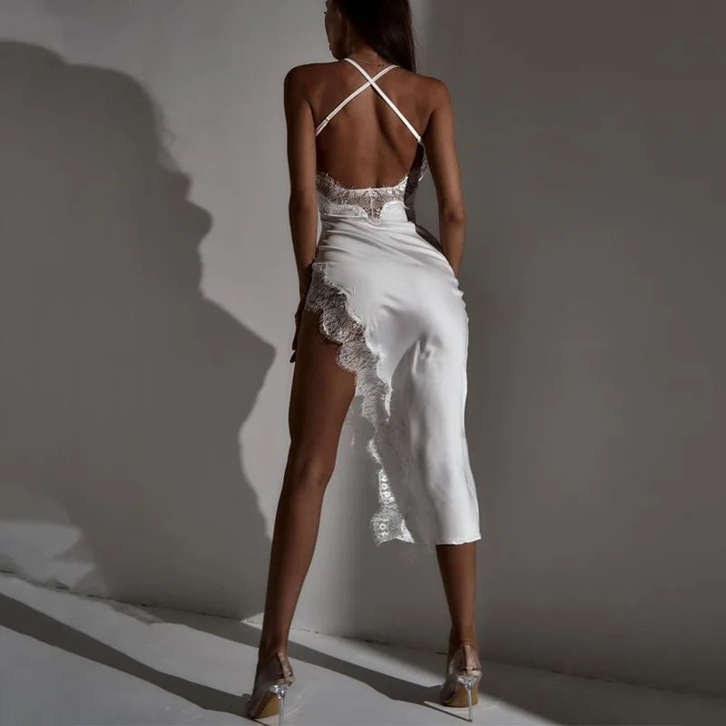 New Fashion Sexy Backless Lace Dress Women High Split Camisole Dresses Elegant Solid Color Spaghetti Strap Bodycon Midi Dress