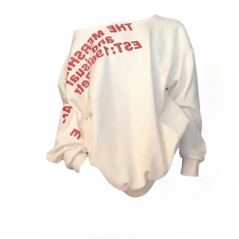 Sexy Oversize T shirt Women Streetwear Letter Print Skew Collar Off Shoulder Long sleeve Basic Top Korean Fashion Loose T-shirt
