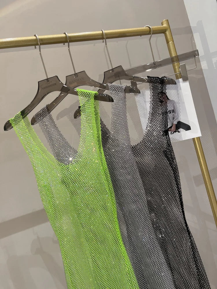 Sexy Sleeveless Skeleton Glitter Rhinestone Dress Fishing Net Mesh See Through Round Neck Midi Dress Party