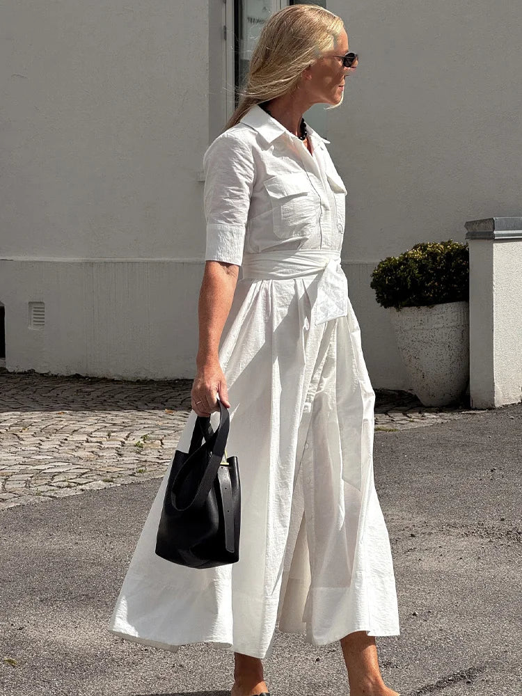 Women Summer Lapel Short Sleeve Pocket Single-Breasted Belt Decorate Midi Dress Female Fashion Shirt Style Pleated Dress