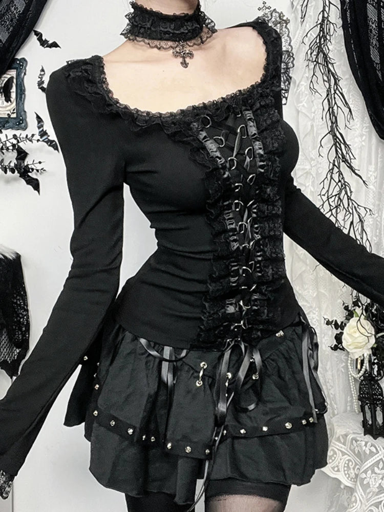 Gothic Lace Trim Long Sleeve Top