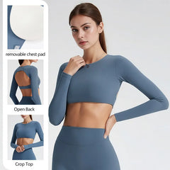 Women Fitness T Shirt Long Sleeve Open Back Pilates Yoga Padded Crop Top Running Workout Fitness Blouse