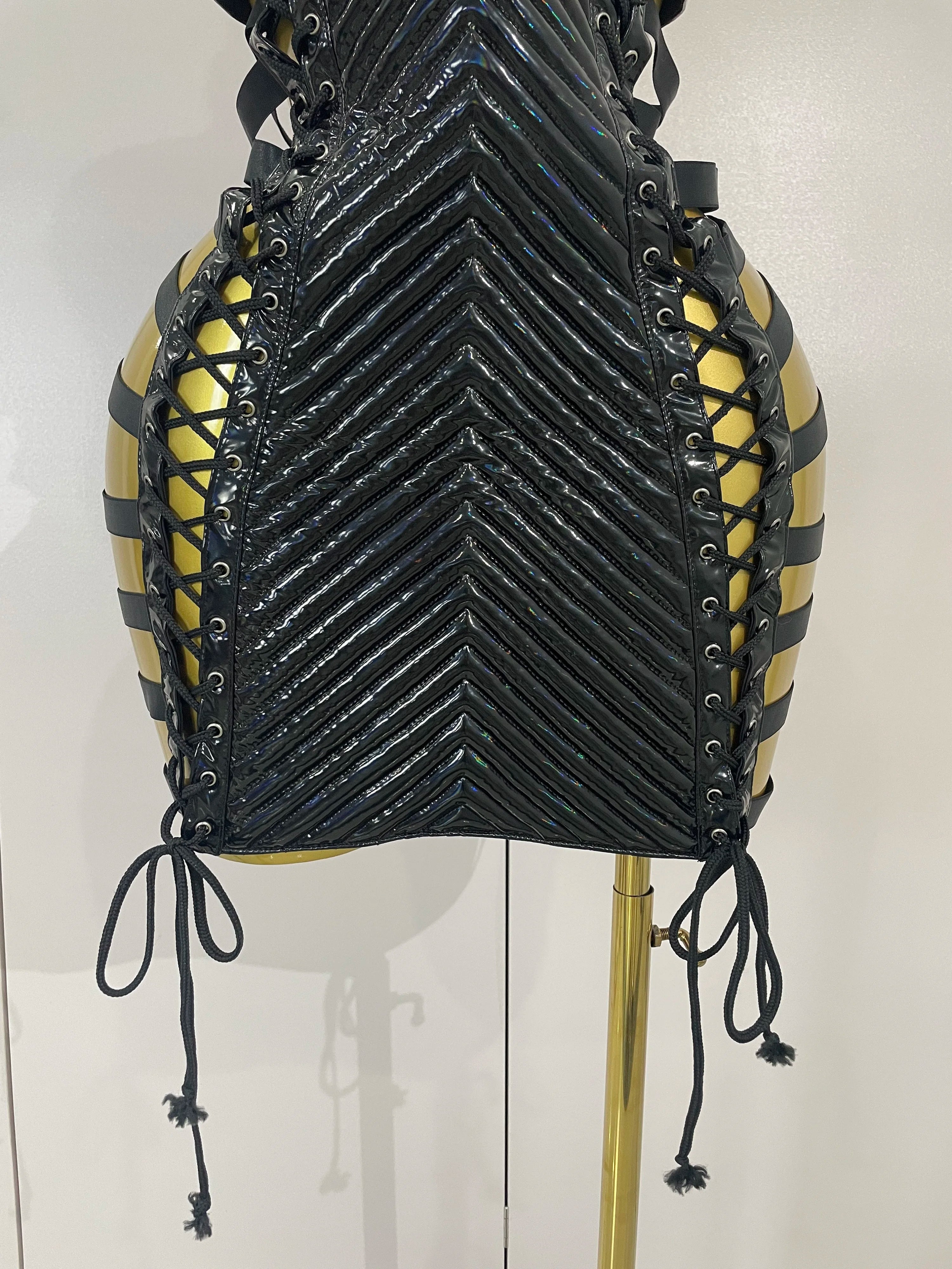 Sexy Black Leather Hollow Out Gothic Bandage Halter Short Dress Women Gogo Dance Singer Nightclub Bar Performance Stage Wear