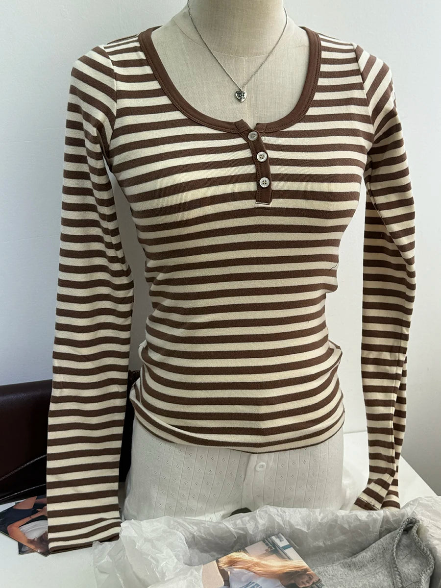 Sweet Button Long Sleeve Tees Women Spring New Cotton Rose Pink Striped Slim Zelly Tops Simple Chic Preppy Style T-shirts