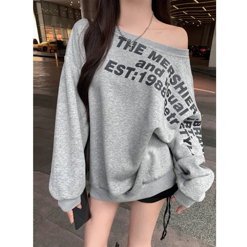 Sexy Oversize T shirt Women Streetwear Letter Print Skew Collar Off Shoulder Long sleeve Basic Top Korean Fashion Loose T-shirt