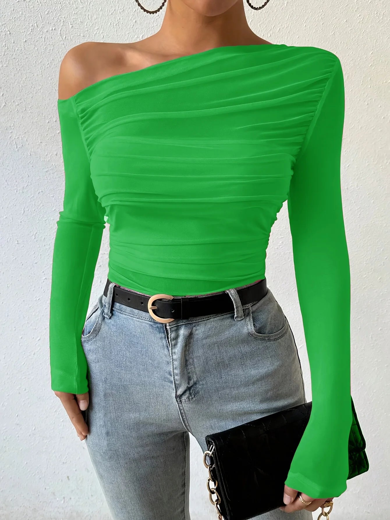 Fall Fashion Off The Shoulder Long Sleeve Shirts Crop Tops Slim Fit Blouses Y2K Clothing Streetwear