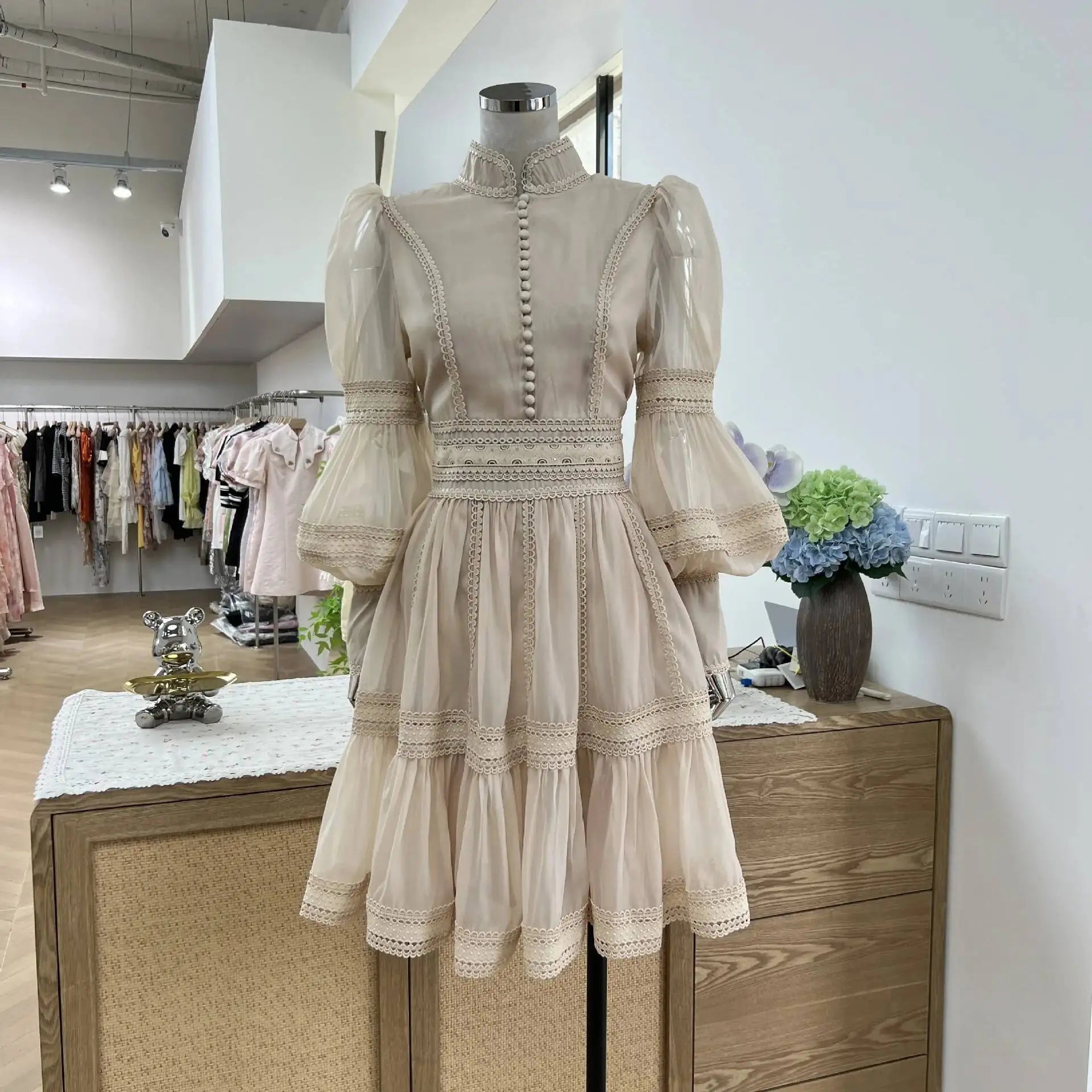 Luxury Organza Prom Evening Dresses Women Summer Autumn Sweet Elegant Lantern Long Sleeve Short Dress Shirt Party Night Formal