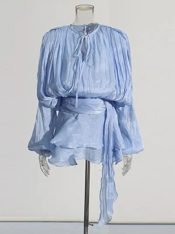 Solid Blouse Mini Dresses For Women V Neck Long Sleeve Spliced Lace Up Sweet Style Dress Female Clothing Fashion