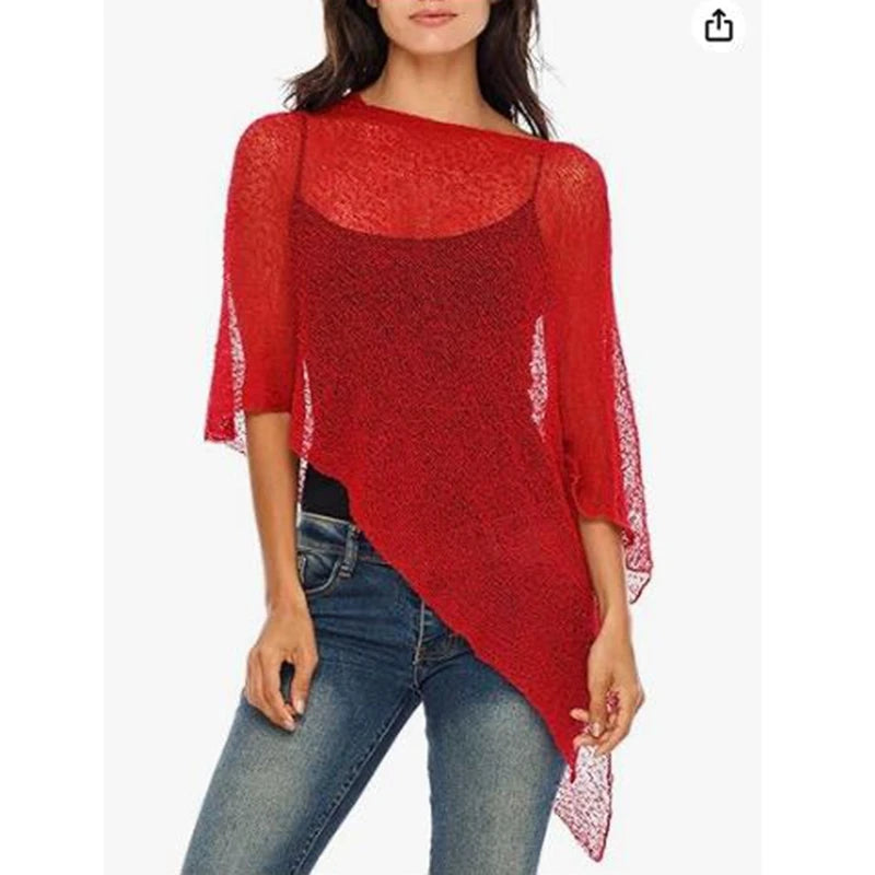 Combhasaki Women Knitwear Bikini Cover-up See-through Solid Off Shoulder Irregular Triangle Hem Loose Pullover Summer Beach Tops