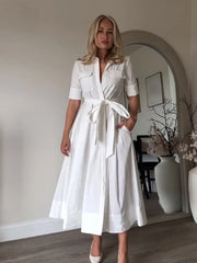 Women Summer Lapel Short Sleeve Pocket Single-Breasted Belt Decorate Midi Dress Female Fashion Shirt Style Pleated Dress