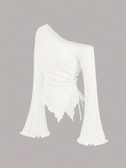 women's New off shoulder cross long sleeved slim fit casual street style asymmetrical elegant T-shirt trumpet sleeve top