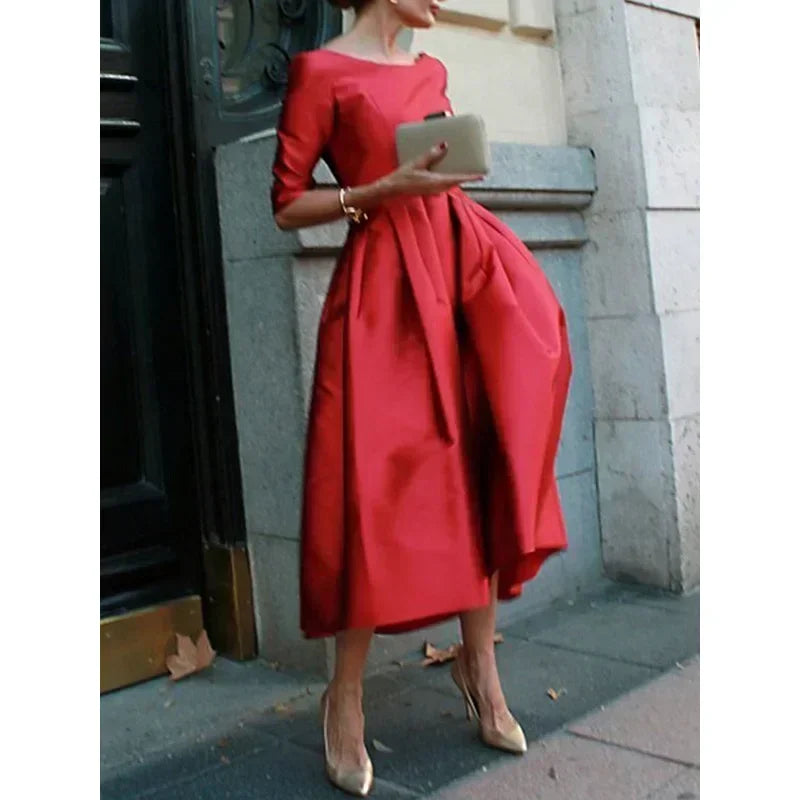 Women's A-Line Long Sleeve Dress 2026 Half Sleeves O-Neck Pleated Elegant Classical Evening Christmas Urban Lady Midi Dresses