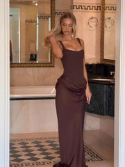 BROWN Pleated Sling MAXI Dress Women Square Neck Sleeveless Off-shoulder Waist Cinching Slim ROBE Fashion Evening Party Gowns