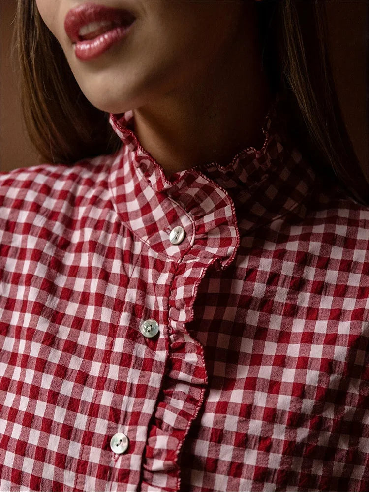 Women's Red White Gingham Ruffled Turtleneck Blouse Ruffle Front Long Sleeve Loose Fit Casual Office Daily Top