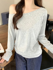 Oversize Off shoulder Long sleeve T shirt Women Solid color Casual Tops Lady Spring Autumn Basic Tees Korean style Youth Blouses