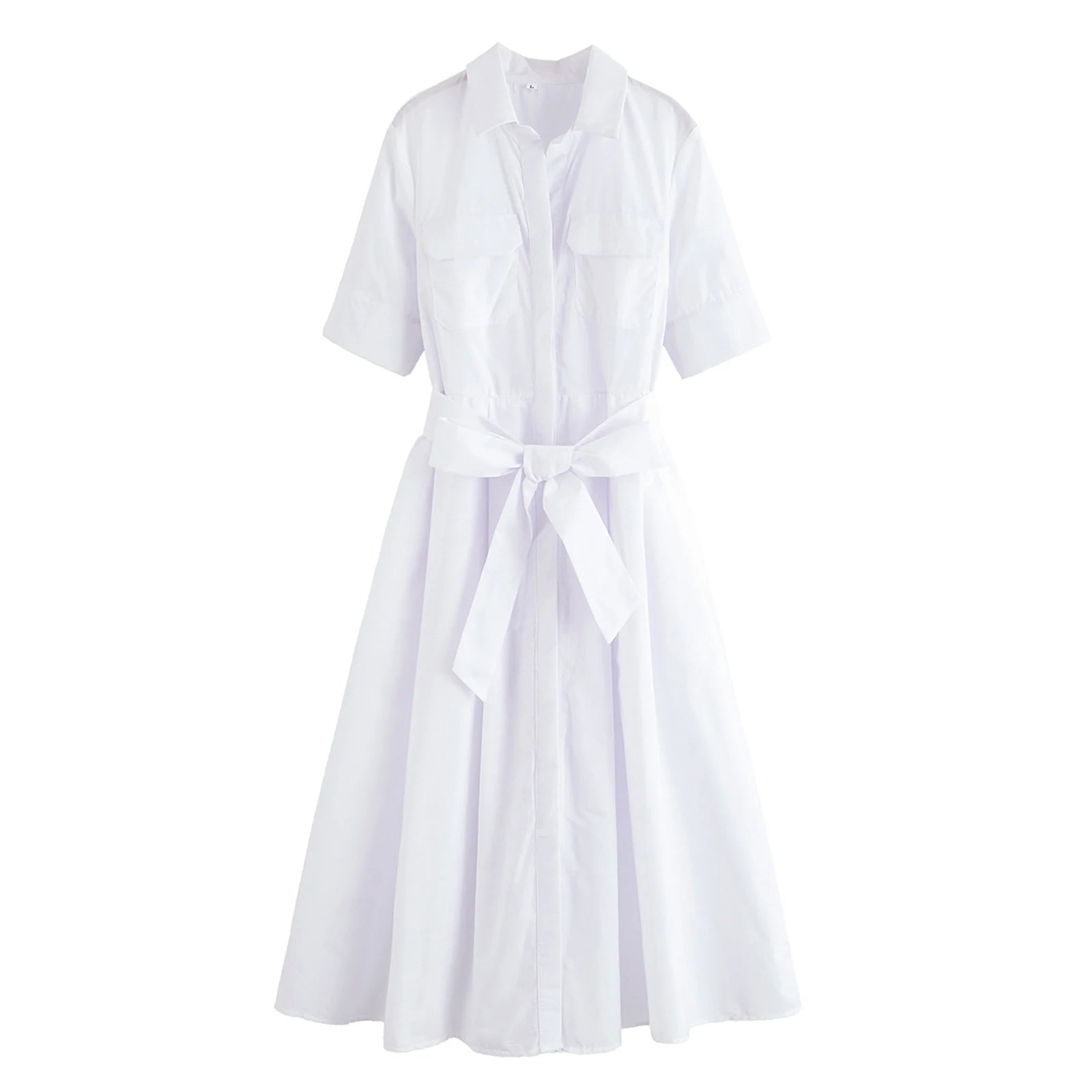 Women Summer Lapel Short Sleeve Pocket Single-Breasted Belt Decorate Midi Dress Female Fashion Shirt Style Pleated Dress