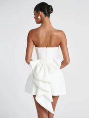 Mozision Pearl Strapless Sexy Mini Dress Women Robe Fashion Bow Backless Off-shoulder High Waist Club Party Dress Elegant