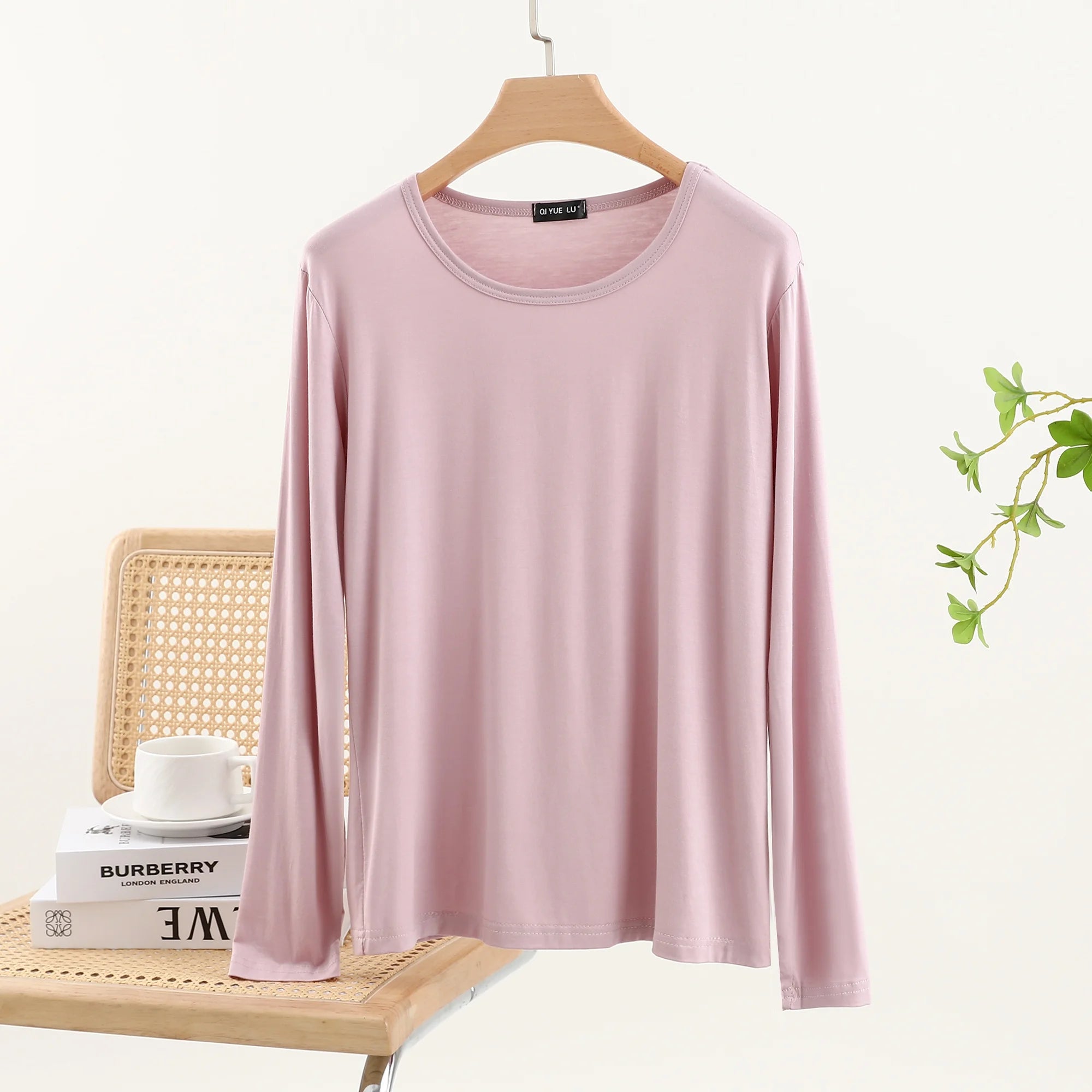 Casual Modal Long Sleeve T-Shirt Women's Spring Thin Round Neck Base Shirt Loose Fit Plus Size Slim Pure Color Top