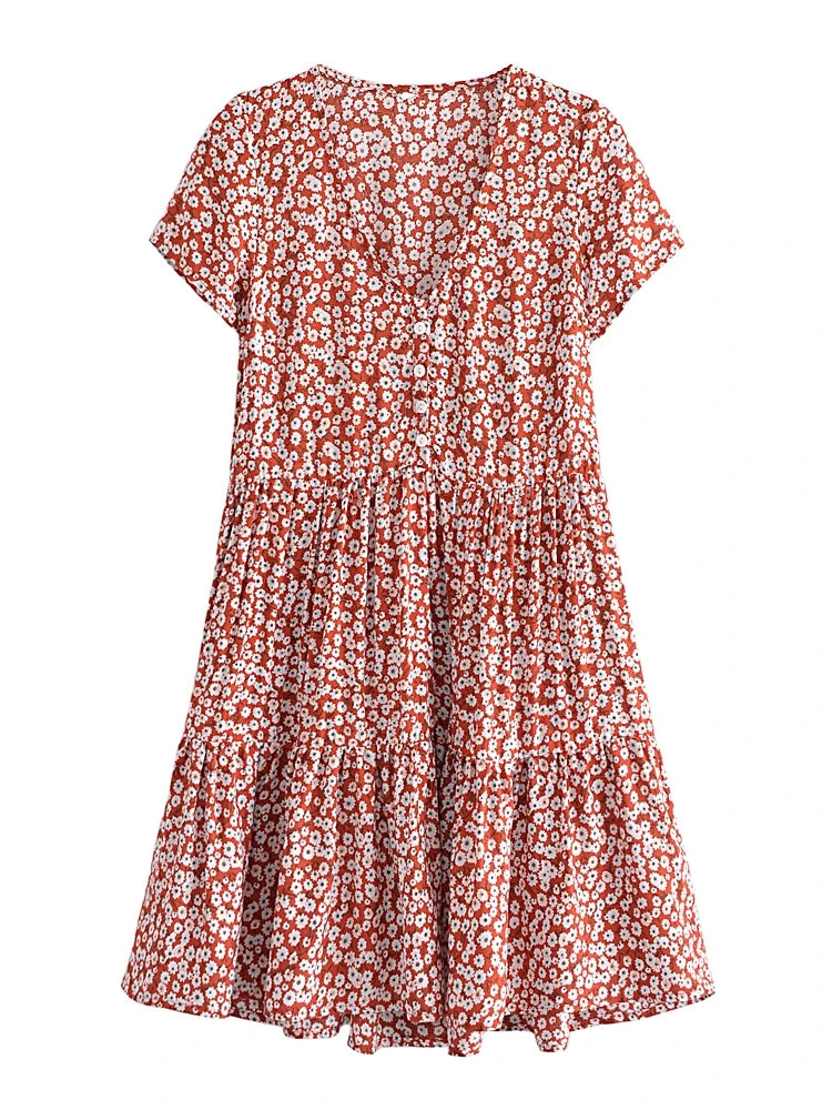 Vintage Chic Women Short Sleeve Floral Print Fashion Beach Bohemian Mini Dress Ladies V-neck Summer Rayon Cotton Boho Dresses