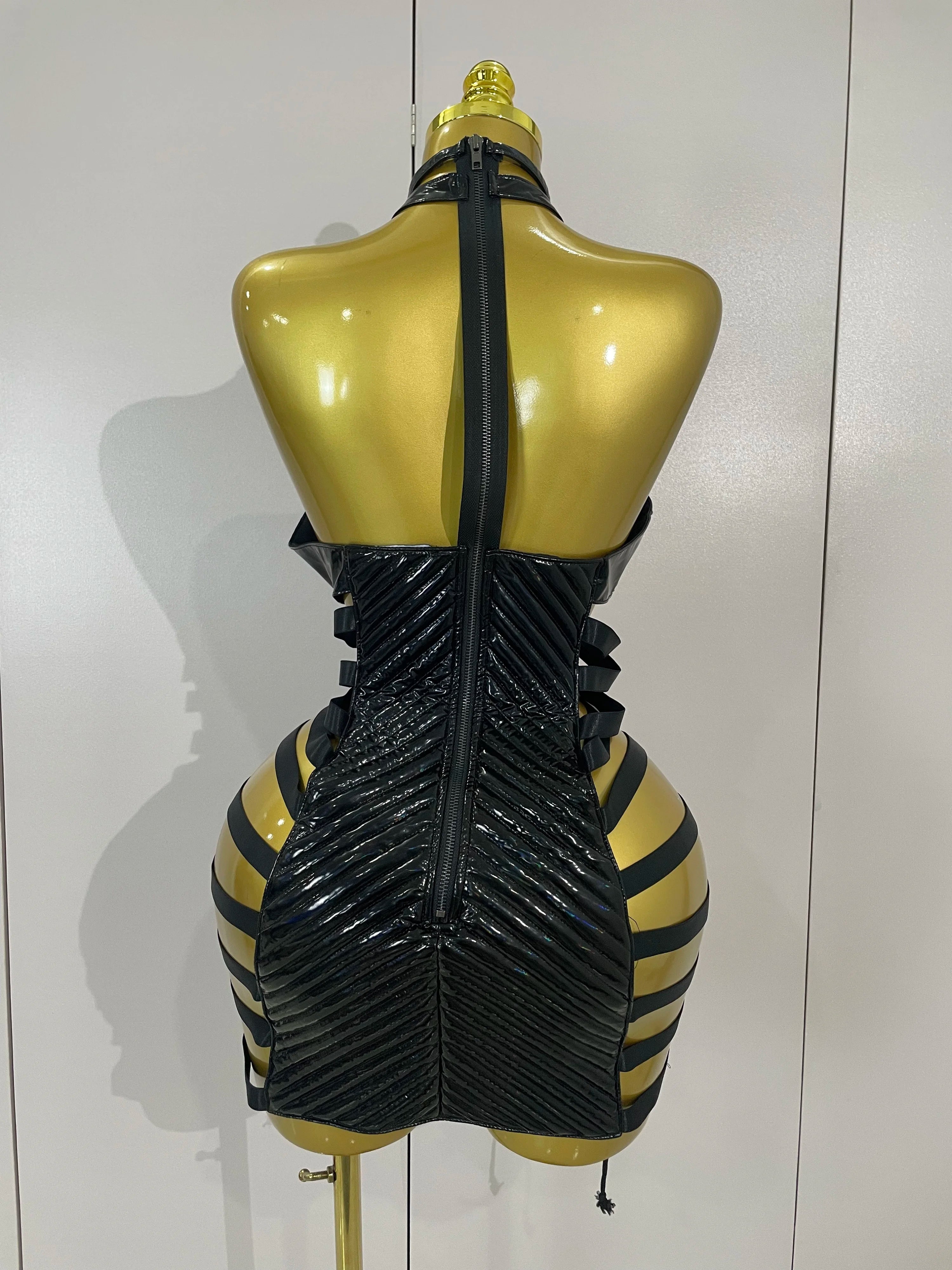 Sexy Black Leather Hollow Out Gothic Bandage Halter Short Dress Women Gogo Dance Singer Nightclub Bar Performance Stage Wear