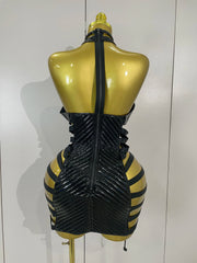 Sexy Black Leather Hollow Out Gothic Bandage Halter Short Dress Women Gogo Dance Singer Nightclub Bar Performance Stage Wear