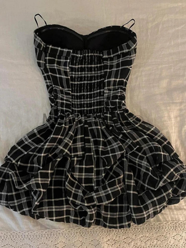 Spring Sweet Vintage Elegant Woman Dress Y2k Puff Sleeve High Waist Fake 2 Piece Mini Dress Female Doll Collar Chic Outfits