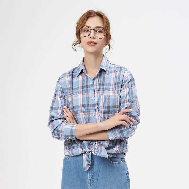 Women's Plaid Shirt Casual Female Long Sleeve Blouses and Tops Fresh College Style Lady Checked Shirts Clothes