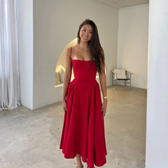 Suninheart Spaghetti Strap Summer Party Dresses New Arrivals Fit and Flare Elegant Midi Dress Red Night Date Dress