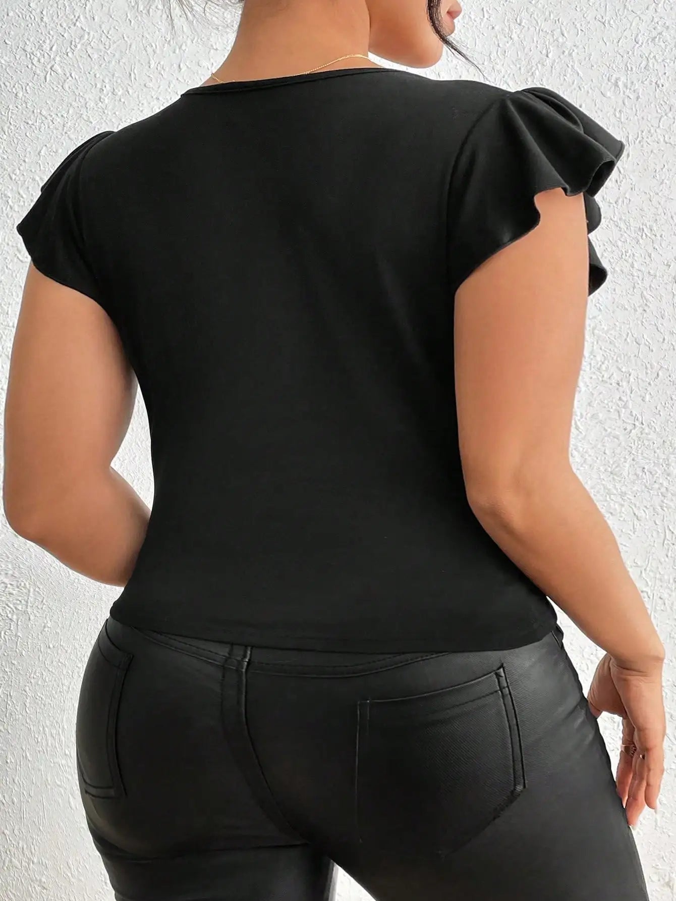 Women Plus Size V-Neck High-Stretch Solid Color Patchwork Ruffle Sleeve  T-shirt