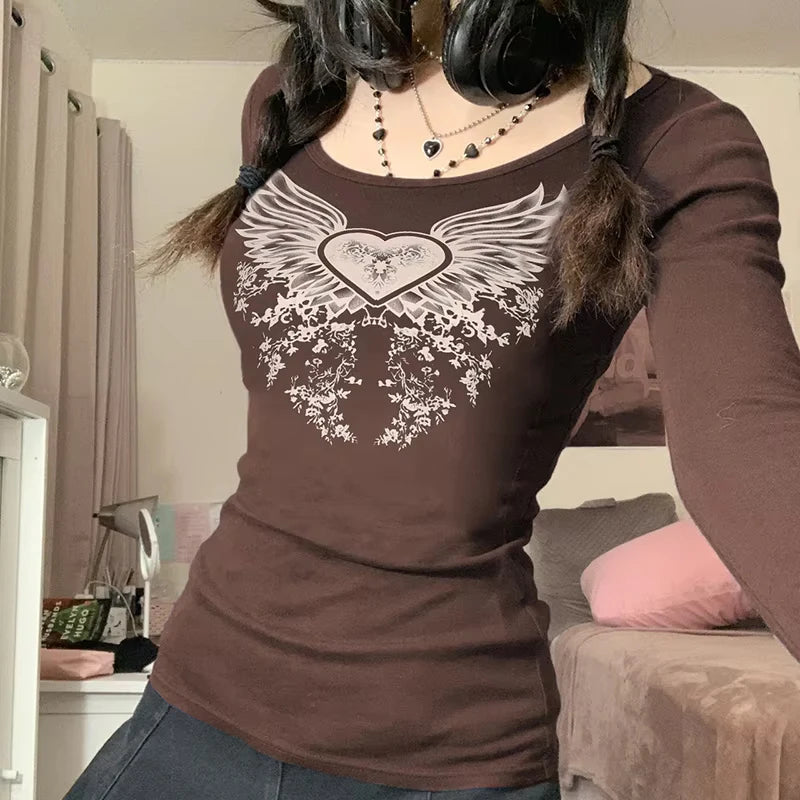 Goth Thermal T-shirt Skulls Graphic Print Long Sleeve Pullovers Tops Women 90s Vintage Aesthetic Tees