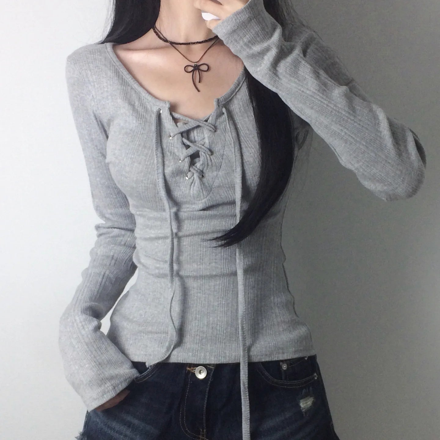 Women's Drawstring Grommet Long Sleeve T Shirt Minimalist Versatile Casual Basic Top With Adjustable Strap Design 2026