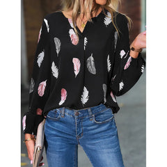 Temperament Elegant V-neck Feather Painting Printing Long Sleeve Loose T-shirt Flare Sleeve Women's Tops