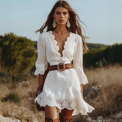 Women's Boho Lace Dress Deep V Neck Flare Sleeve Ruffle Hem Mini Dress Vintage Country Concert Festival Beach Party Dresses