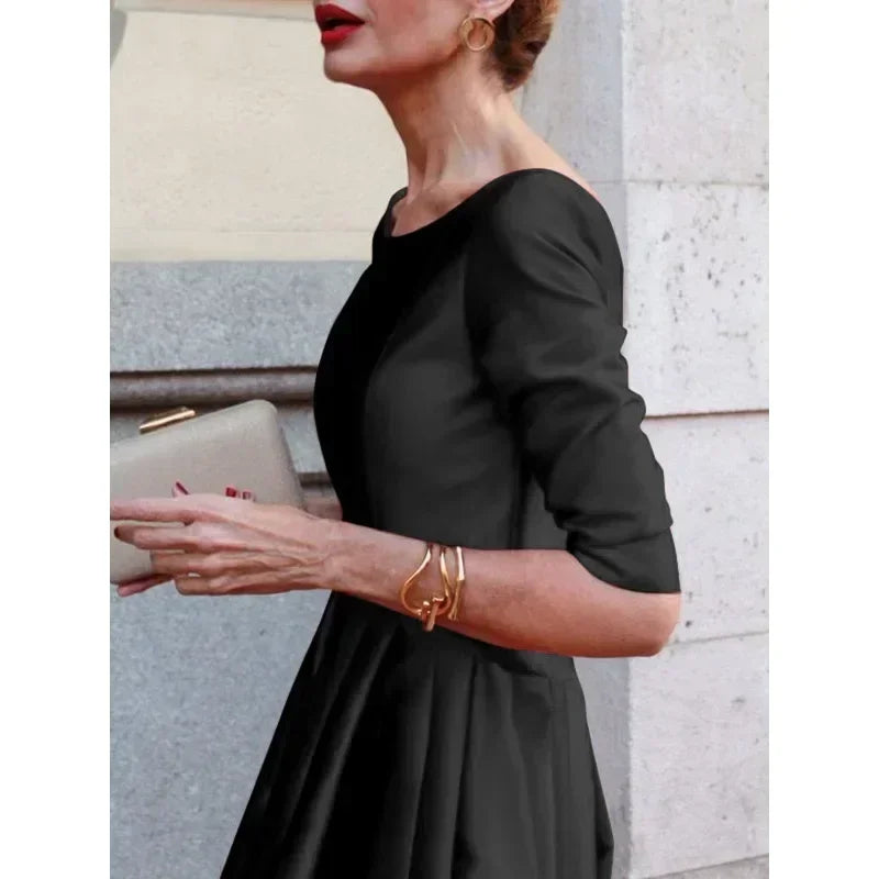 Women's A-Line Long Sleeve Dress 2026 Half Sleeves O-Neck Pleated Elegant Classical Evening Christmas Urban Lady Midi Dresses