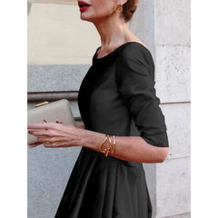 Women's A-Line Long Sleeve Dress 2026 Half Sleeves O-Neck Pleated Elegant Classical Evening Christmas Urban Lady Midi Dresses