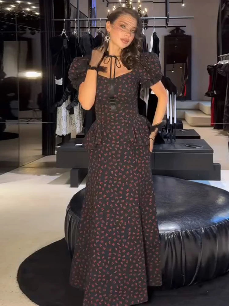 Floral Print Women's Long Dresses Square Neck Short Puff Sleeve Ruffle Mermaid Dress 2026 Spring Trendy Female Fashion Robes